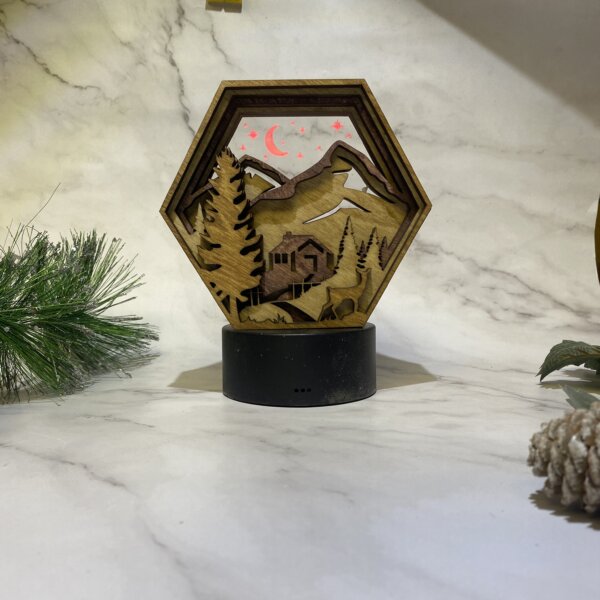 Lighted Cabin Hexagon Ornament Box