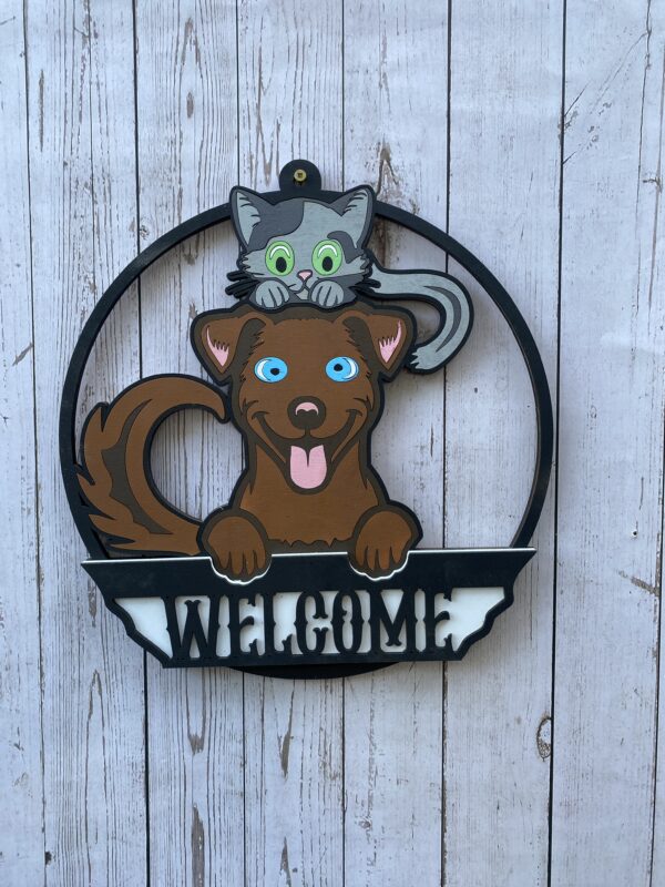 Cat on Dog Welcome Sign