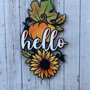 Hello sign with pumpkin and sunflower