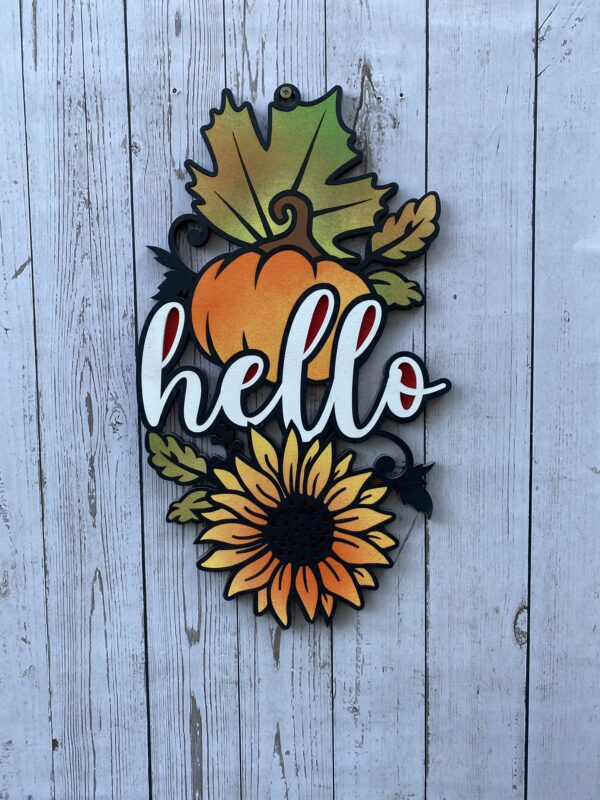 Hello sign with pumpkin and sunflower