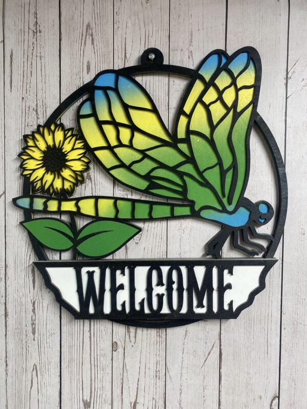 Dragonfly with Sunflower Welcome